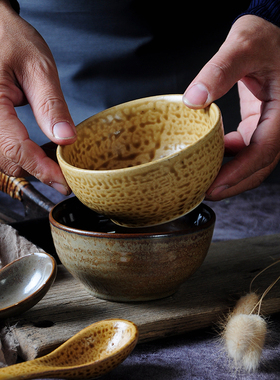 手工人气土碗粗陶陶碗陶土碗土陶碗粗瓷碗金黄陶瓷面碗窑变米饭碗