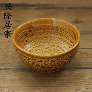 复古手工老式粗陶碗米饭碗汤碗蘸料碗土陶碗商用汤碗虎皮粗瓷碗