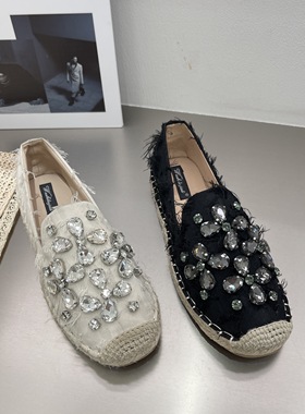 渔夫鞋女2023年春秋新款圆头一脚蹬乐福鞋水钻装饰平底休闲单鞋女