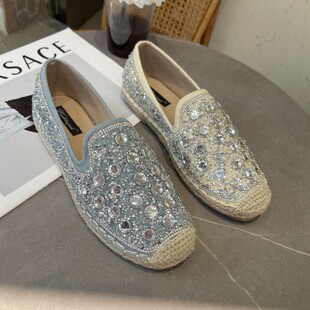 孕妇鞋 2023春季 平底单鞋 浅口圆头水钻草编一脚蹬休闲渔夫鞋 女 新款