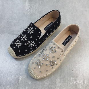 水钻亚麻渔夫鞋 韩版 懒人一脚蹬网红乐福鞋 百搭平底单鞋 女 2022春季