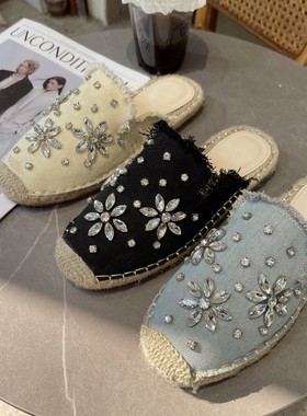 包头懒人鞋女平底2023春夏季新款厚底水钻草编外穿渔夫拖鞋女半拖