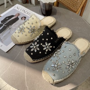 厚底水钻草编外穿渔夫拖鞋 新款 女半拖 女平底2023春夏季 包头懒人鞋