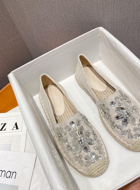 渔夫鞋女2025冬季新款草编圆头平底休闲鞋带钻百搭懒人工艺风单鞋