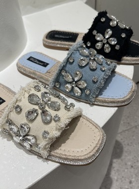 草编水钻凉拖鞋外穿女夏季2025新款一字拖甜美气质软底休闲凉鞋女