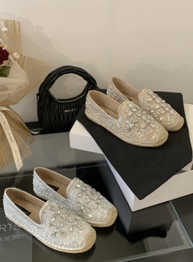 春秋新款水钻通勤外穿休闲平底厚底渔夫鞋一脚蹬懒人乐福鞋女单鞋