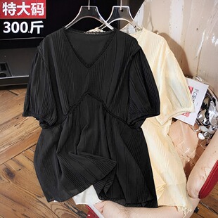 300斤大码女装胖mm高级感V领蕾丝拼接雪纺小衫显瘦别致短袖上衣
