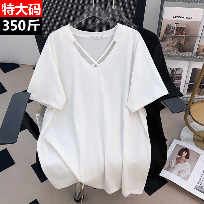 350斤260特大码纯色v领t恤女夏季