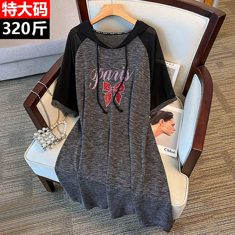 320斤大码女装胖mm夏季中长款显瘦黑灰拼色遮肚子连帽短袖连衣裙