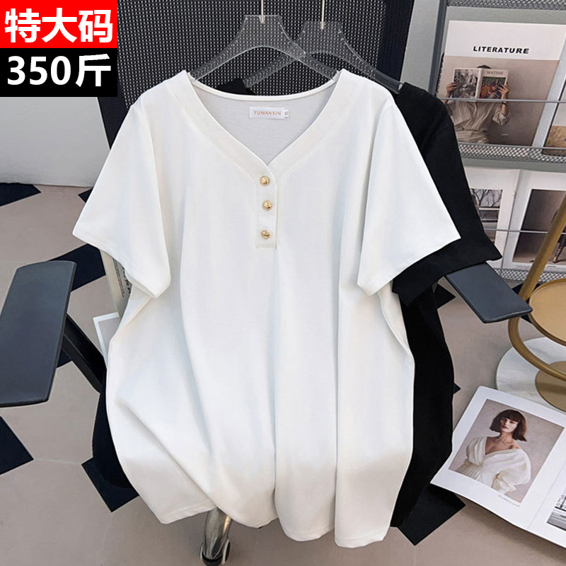 350斤特大码女装新款V领休闲T恤胖mm2025夏季薄款简约短袖上衣200