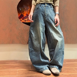 木易初见0469原创设计师款褶皱复古文艺风宽松休闲阔腿磨毛牛仔裤