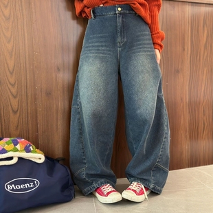 木易初见0501原创设计师款复古文艺风宽松休闲百搭阔腿加绒牛仔裤
