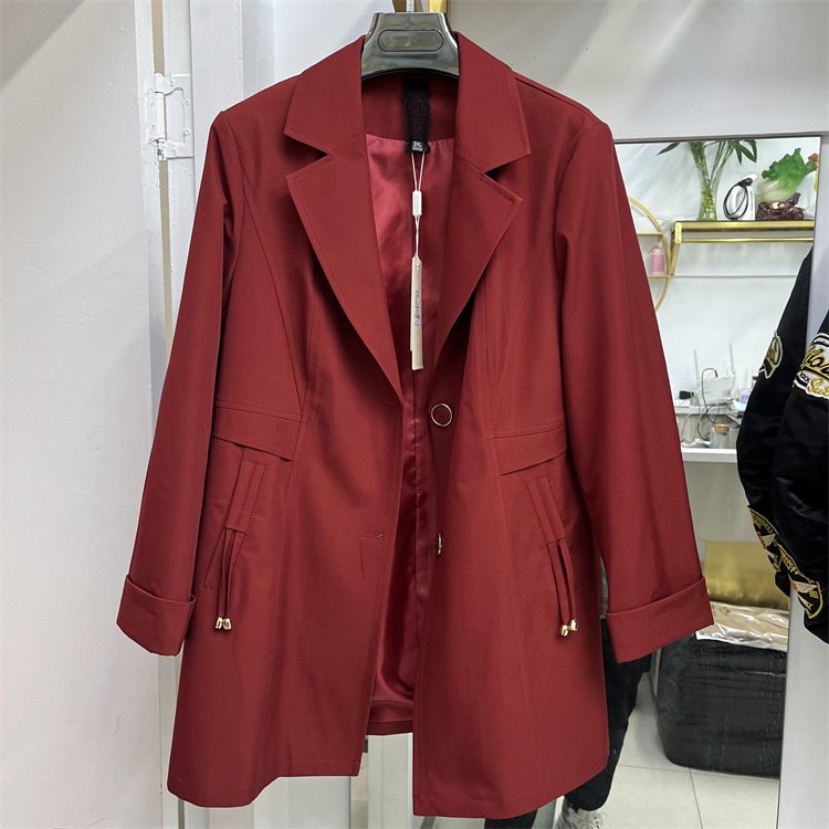 02专柜正品2023新款春季女装时尚西服领中长修身显瘦纯色风衣外套