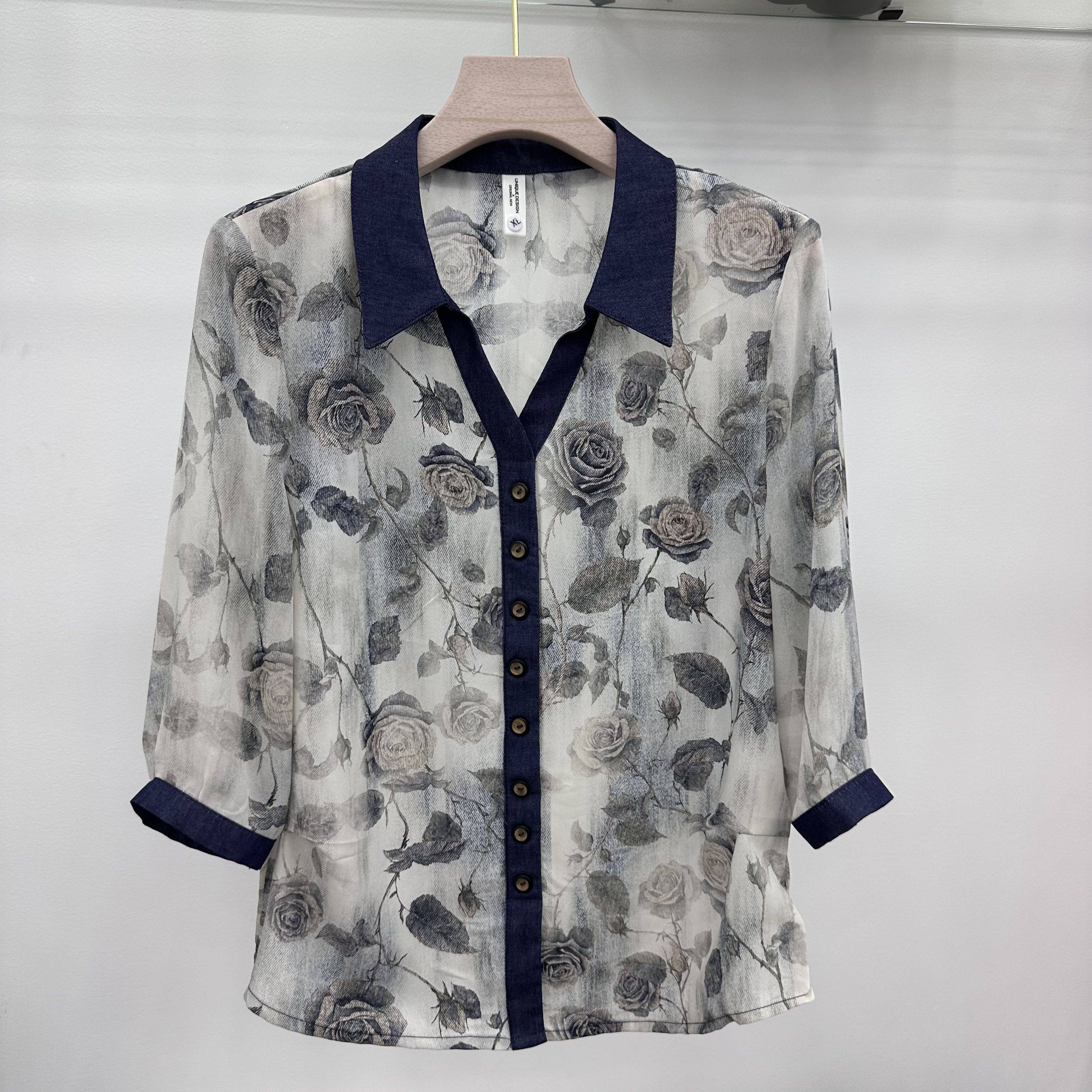 716  2025翻领套头新款夏季女装时尚七分袖打底雪纺衫上衣