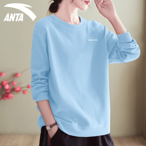 安踏蓝色卫衣女圆领无帽宽松长袖
