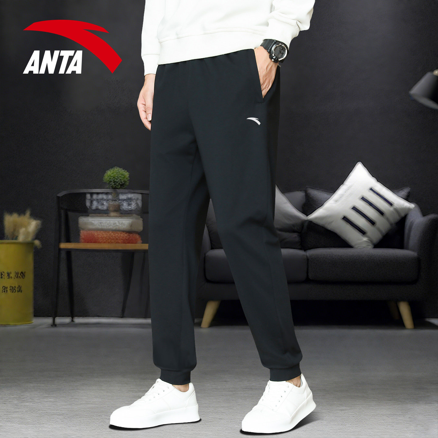 安踏运动裤男士2026新款黑色针织束脚长裤青少年宽松休闲跑步裤子