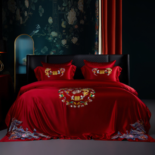 重磅35姆米真丝婚庆四件套非遗纯手绣100桑蚕丝别墅大红陪嫁床品