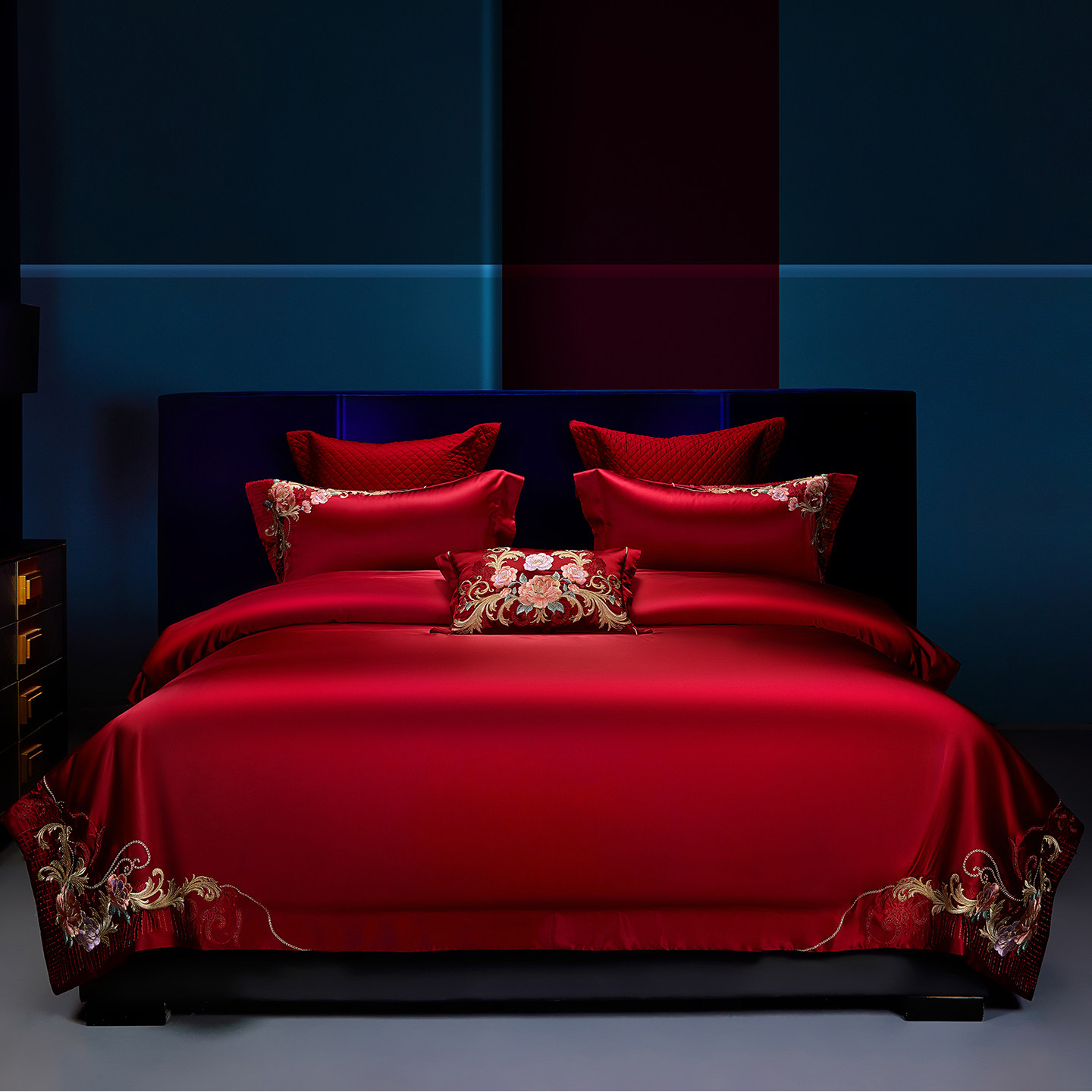 悠仙居高档结婚四件套大红140支长绒棉绣花被套婚庆陪嫁床上用品