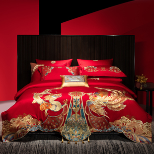 新中式 大红床单被套囍嫁婚床喜被十件套床品 龙凤四件套全棉刺绣款