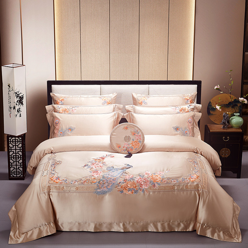 新中式结婚四件套婚庆陪嫁100%全棉纯棉金色刺绣高档婚嫁床上用品,床上用品,床品套件/四件套/多件套,淘宝优惠券,粉丝福利购,淘宝优惠卷