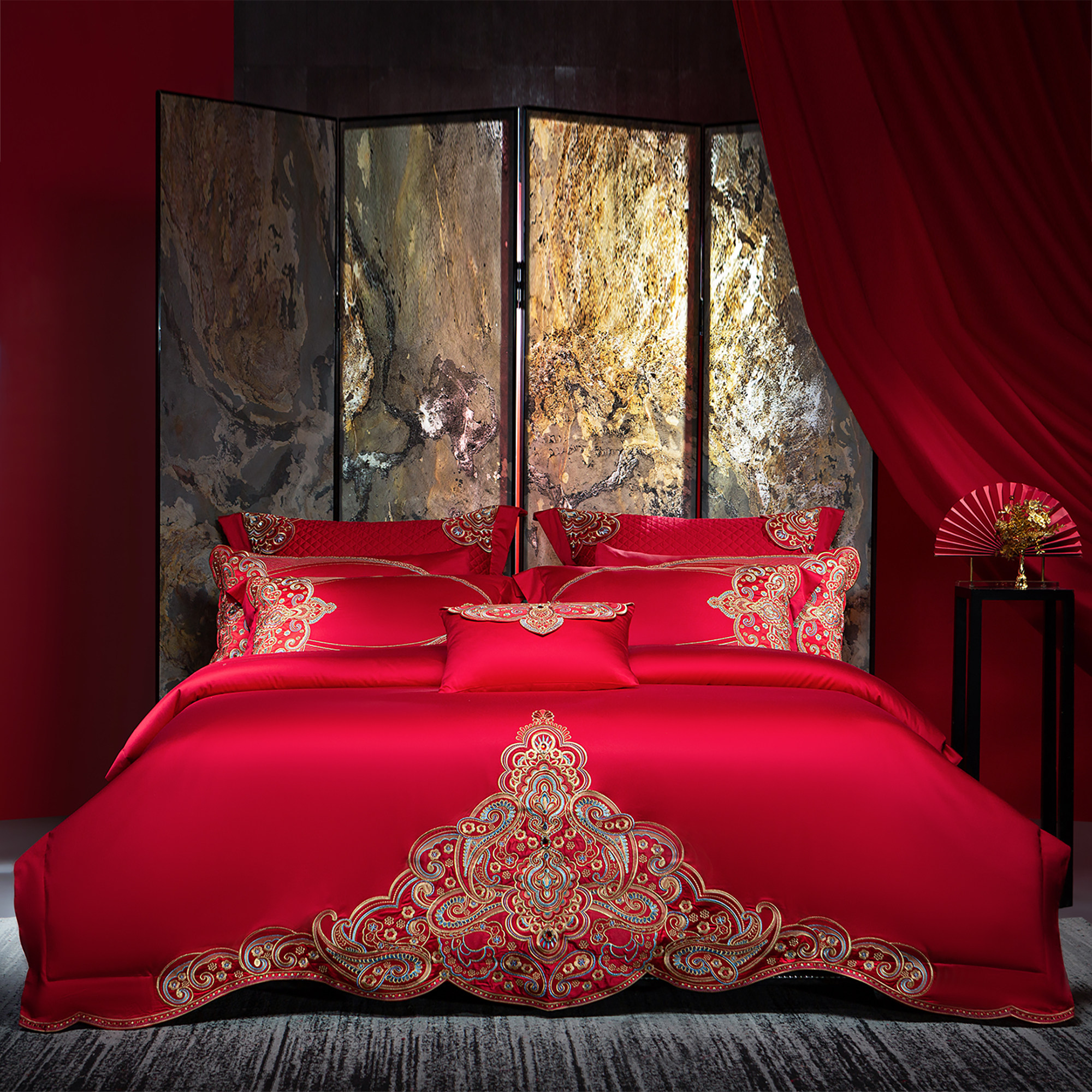 悠仙居结婚四件套大红色140S全棉陪嫁喜被刺绣婚礼长绒棉婚嫁床品