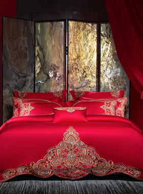 悠仙居结婚四件套大红色140S全棉陪嫁喜被刺绣婚礼长绒棉婚嫁床品