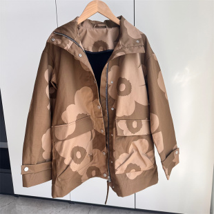 北欧小众 美拉德色印花轻质防水棉连帽宽松风衣外套 芬兰太阳花