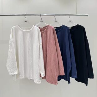 打折YOOM   经典百搭宽松圆领下摆开叉长袖净版T恤新款