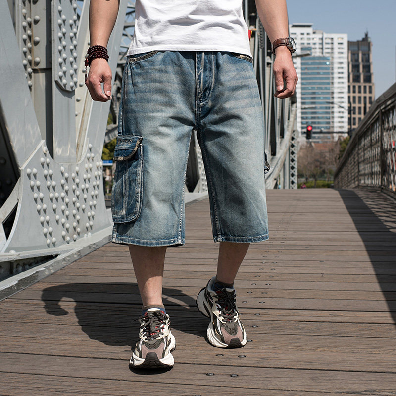 夏季大码工装裤男 加肥宽松七分裤多口袋牛仔裤男短裤 嘻哈滑板裤,男装,短裤,淘宝优惠券,粉丝福利购,淘宝优惠卷