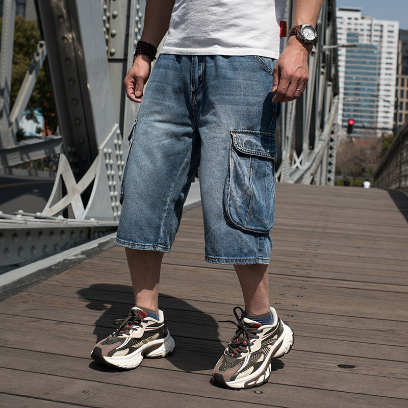 夏季牛仔裤男加大码七分裤hiphop宽松阔腿裤多口袋工装短裤肥佬裤,男装,短裤,淘宝优惠券,粉丝福利购,淘宝优惠卷