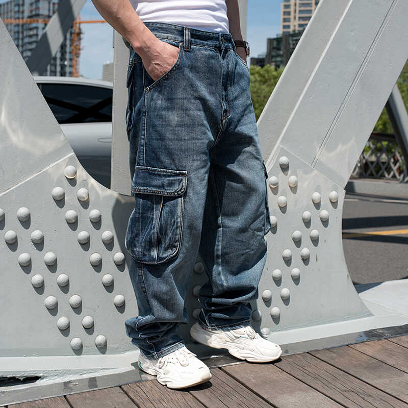 大口袋肥佬男裤bboy阔腿宽松牛仔裤 嘻哈加肥加大码直筒滑板长裤