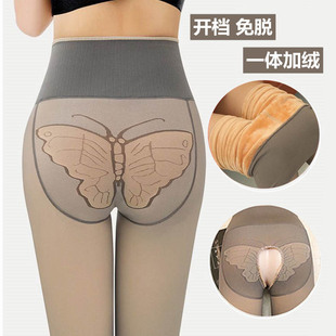 秋冬季加绒加厚开档性感免脱连裤袜假透肉一体刺绣蝴蝶高腰打底裤