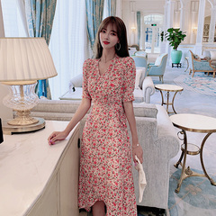 2021 summer new waist, new French retro style, slim V-neck, elegant floral dress