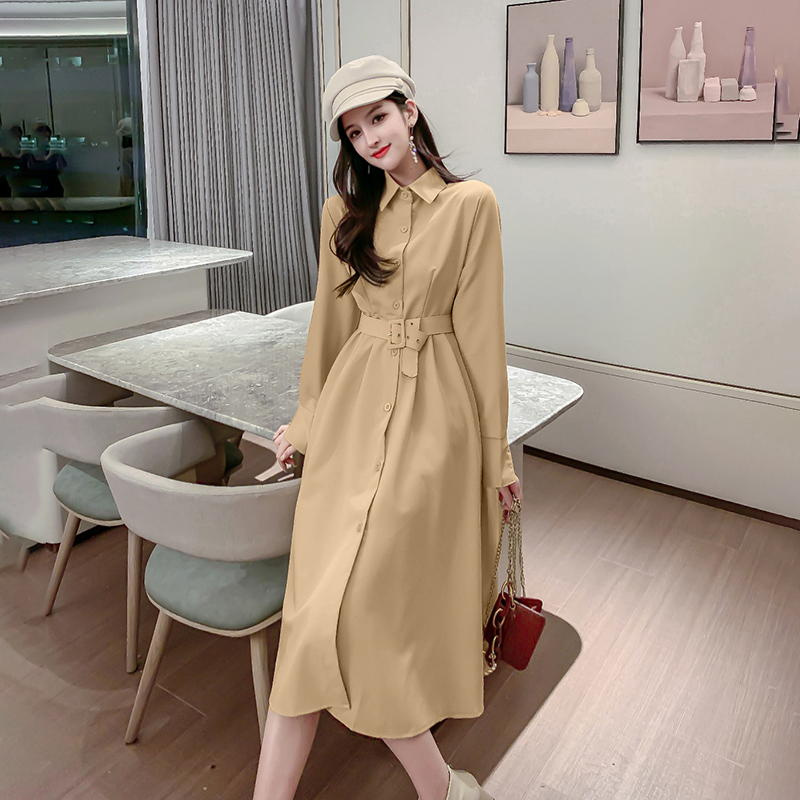 2021 spring new French retro waist long sleeve skirt solid women's medium length dress