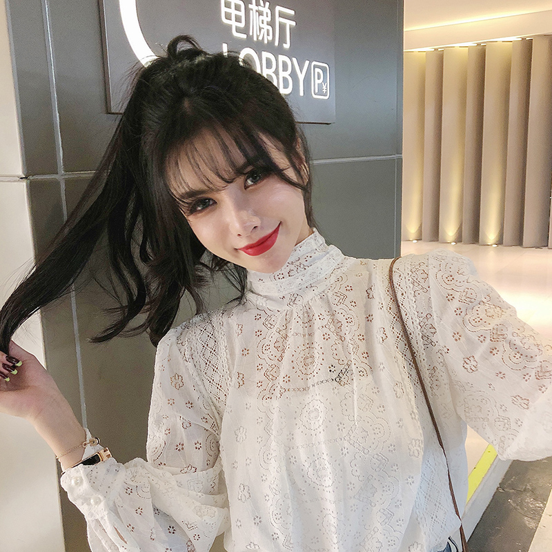Autumn 2020 new sweet lace standing collar hollowed out, loose and fairy girl student wearing long sleeve shirt top