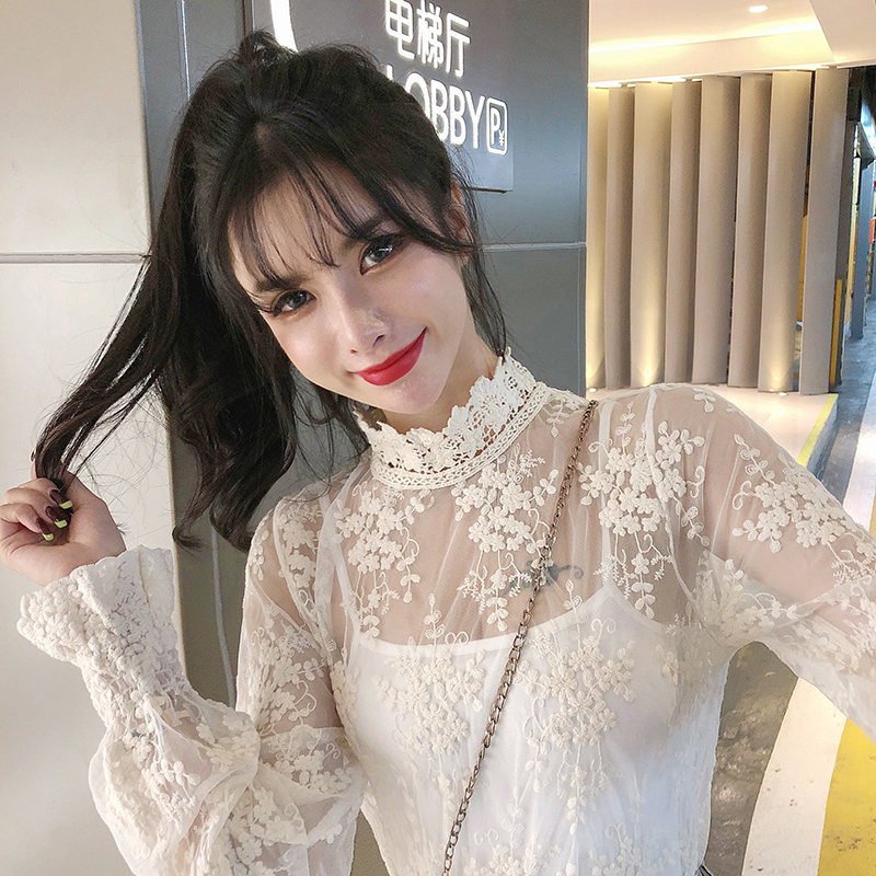 2021 spring and autumn new high collar long sleeve with water-soluble embroidery lace base shirt, foreign style small shirt, mesh top