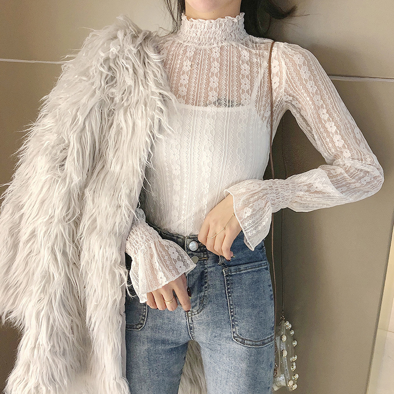 Half high neck lace bottoming blouse women's autumn and winter Korean sexy slim mesh with foreign style blouse