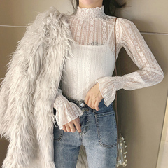 Half high neck lace bottoming blouse women's autumn and winter Korean sexy slim mesh with foreign style blouse