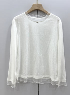 LY819欧洲站2026春时尚百搭简约拼欧根纱圆领宽松显瘦打底长袖T恤