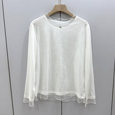 LY819欧洲站2026春时尚百搭简约拼欧根纱圆领宽松显瘦打底长袖T恤