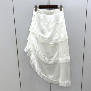 26C9222欧货春气质不规则蕾丝荷叶边后松紧高腰中长半身裙蛋糕裙