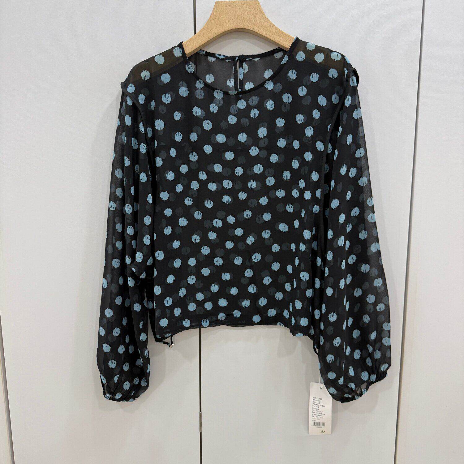 艾妮莉261681欧洲站时尚圆领下抽绳波点透视长袖衬衣防晒服罩衫夏