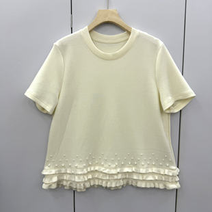 26021欧洲站2026春夏时尚 T恤女 圆领木耳边钉珍珠下摆百搭显瘦短袖