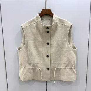 棉麻韩系马甲外套女 立领单排扣蕾丝内里无袖 X259欧洲站春时尚