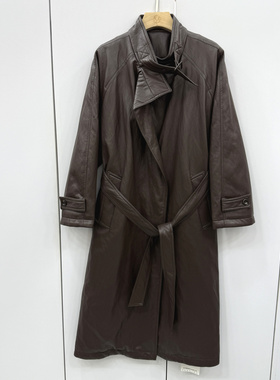 艾熹尔AXR25-311欧洲站25冬时尚立领长款PU皮风衣收腰系带羽绒服