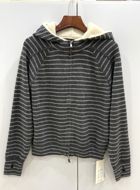 368-65788欧洲站25冬新款复古连帽条纹长袖羊毛混纺加绒针织外套