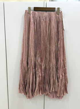 19416欧货春时尚松紧高腰百搭宽松显瘦压褶仿醋酸中长百褶半身裙