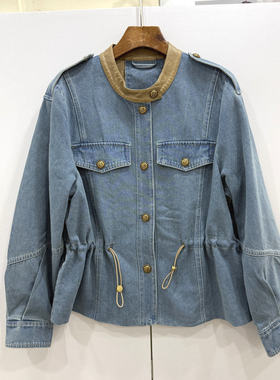 F602098欧货2026春时尚百搭拼皮立领单排扣抽绳收腰显瘦牛仔外套