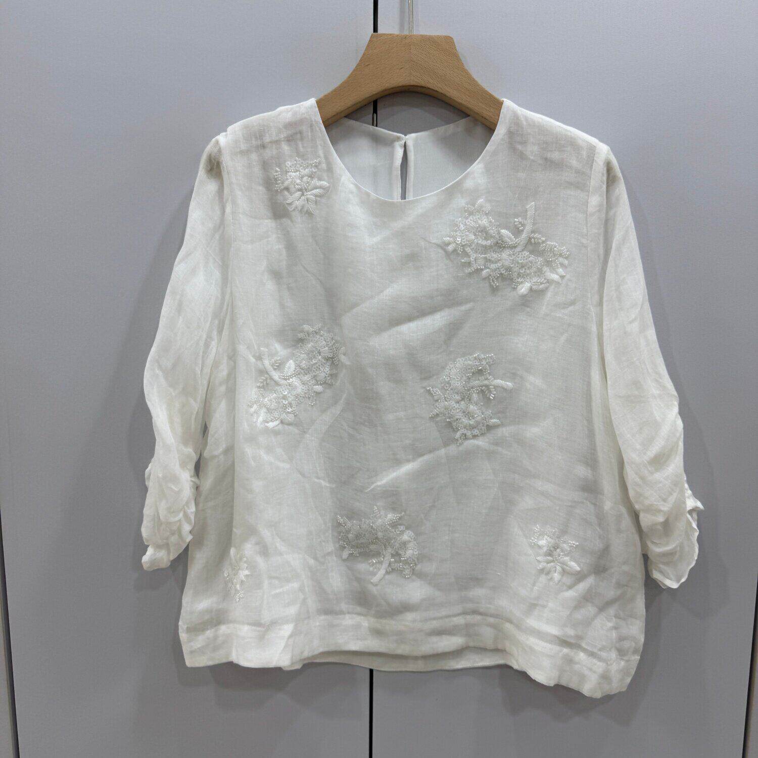 F7393 欧货2026夏复古圆领重工刺绣钉珠亮片七分袖苎麻衬衫上衣女