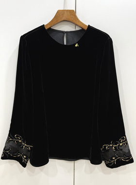 87101 欧洲站2026春镂空烧花刺绣袖口圆领国风轻奢桑蚕丝丝绒小衫